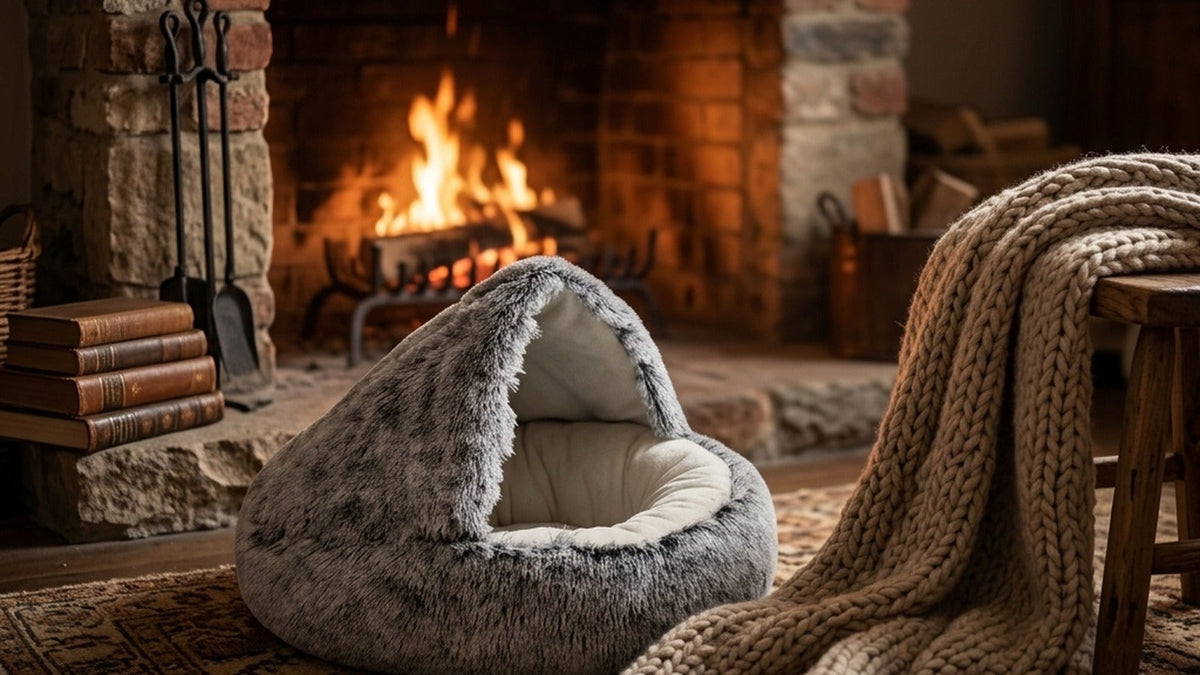 Grey plush cat cave bed by a cozy fireplace hearth