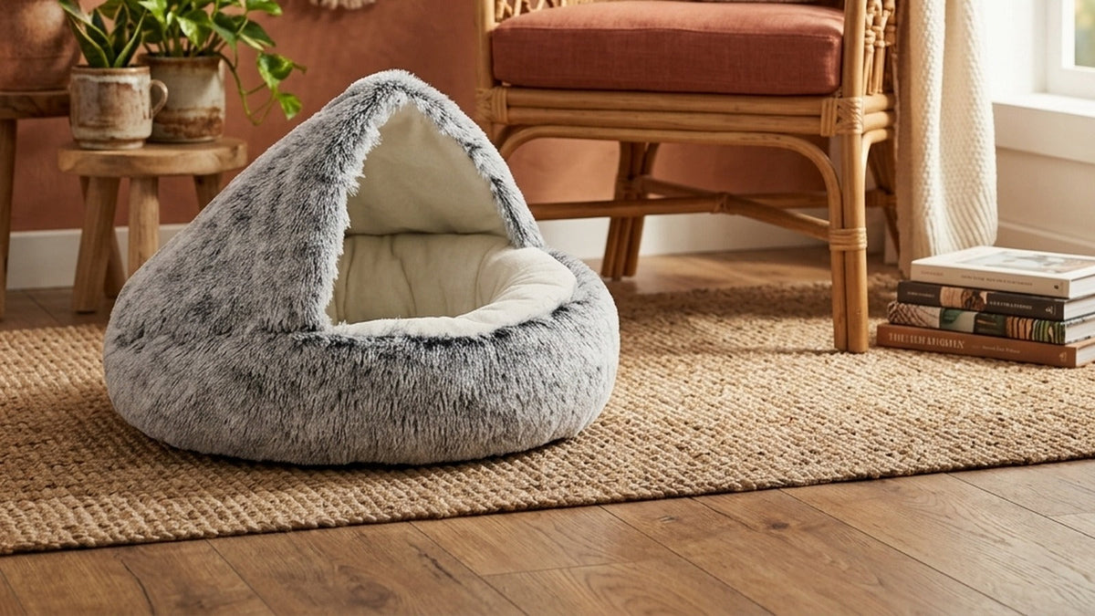 Grey plush cat cave bed tucked into a warm boho-styled corner