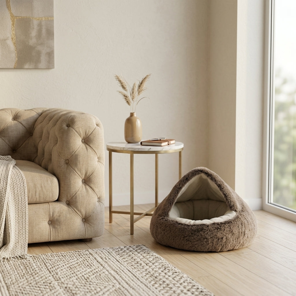 Coffee plush cat cave bed beside an elegant marble-top side table