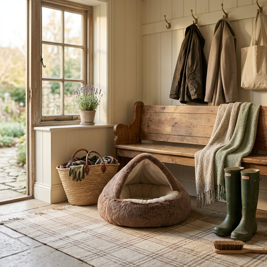 Coffee plush cat cave bed in a rustic farmhouse mudroom entryway