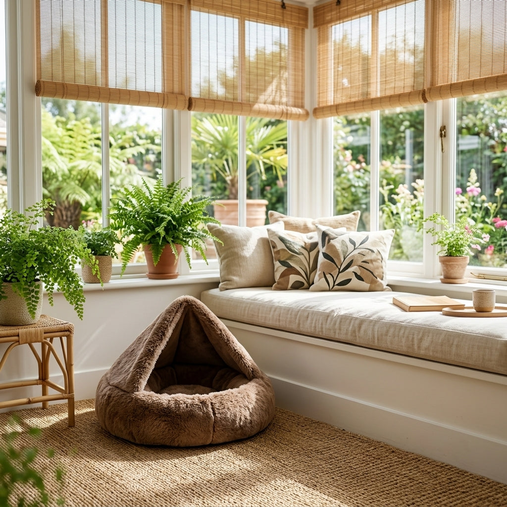Coffee plush cat cave bed in a bright plant-filled sunroom window seat
