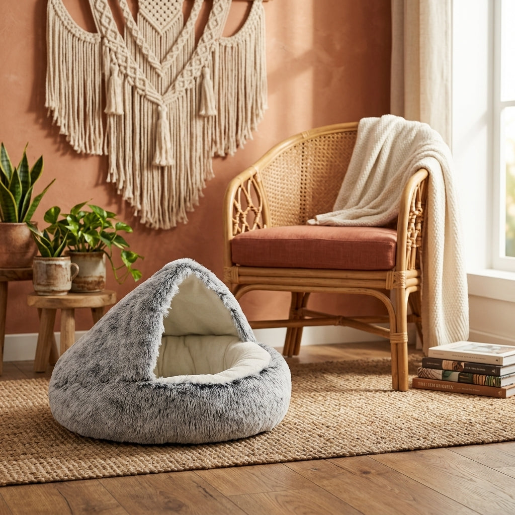 Grey plush cat cave bed in a boho-styled living room corner with macrame wall hanging
