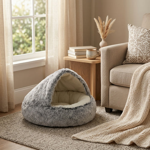 Grey plush cat cave bed in a cozy reading nook with books and a window