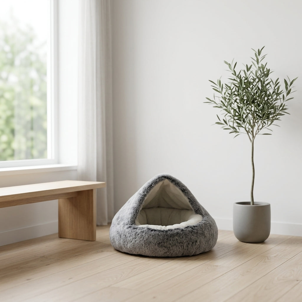 Grey plush cat cave bed in a minimalist Scandinavian-style room